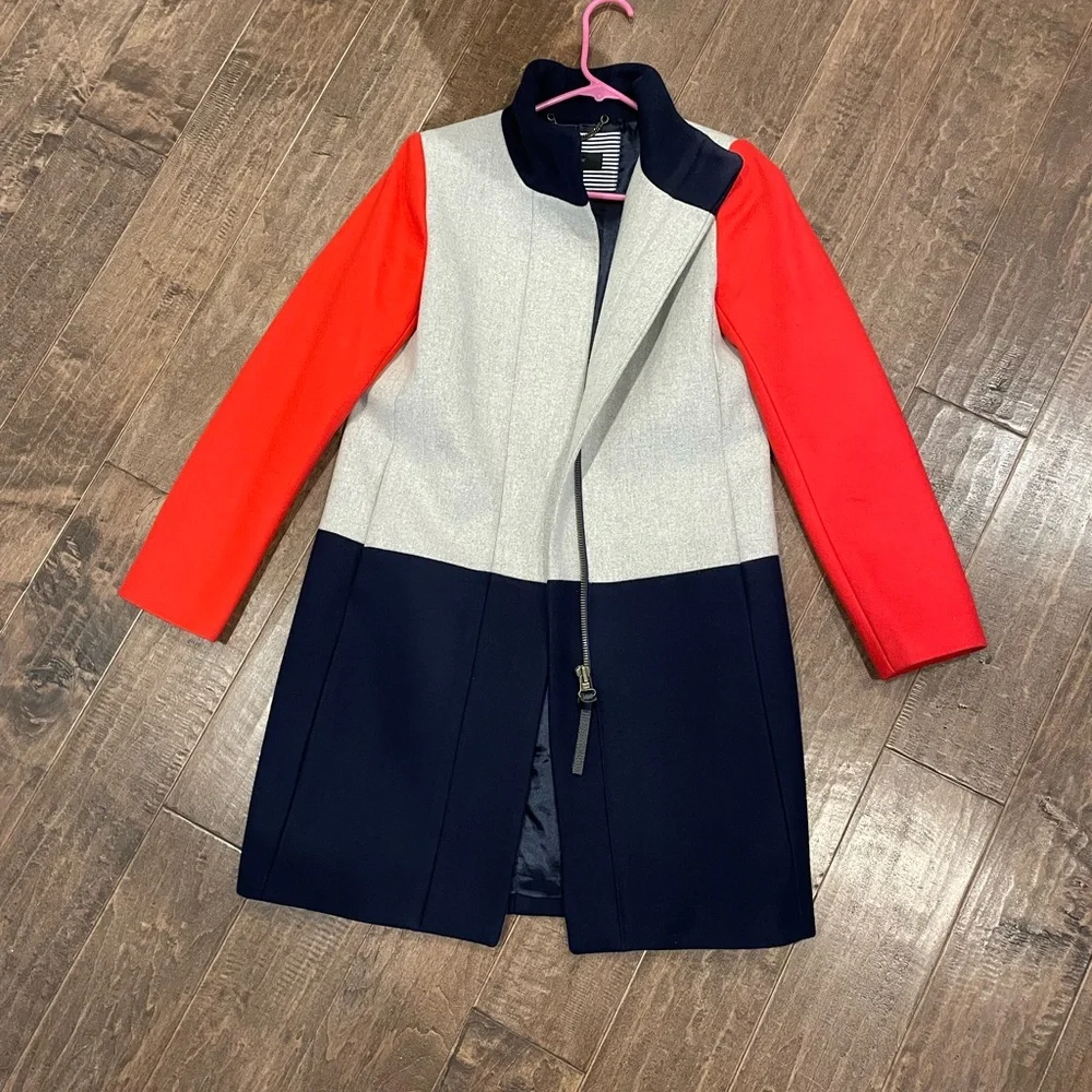 J. Crew Women's Red Colorblock Cocoon Funnelneck Wool Blend Coat - Picture 3 of 5